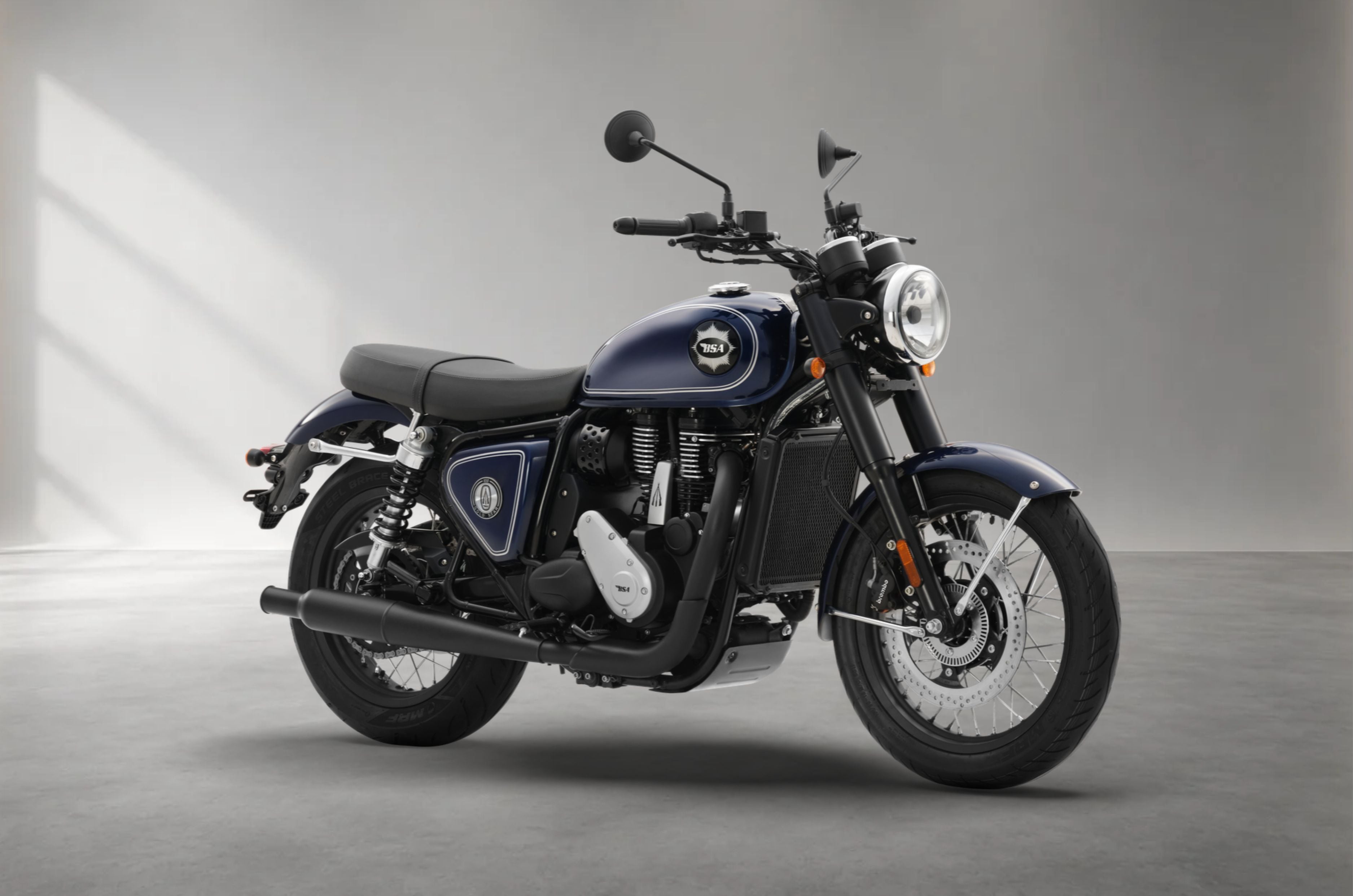An indoor render showing the BSA Gold Star 650 in its new Birmingham Blue colour