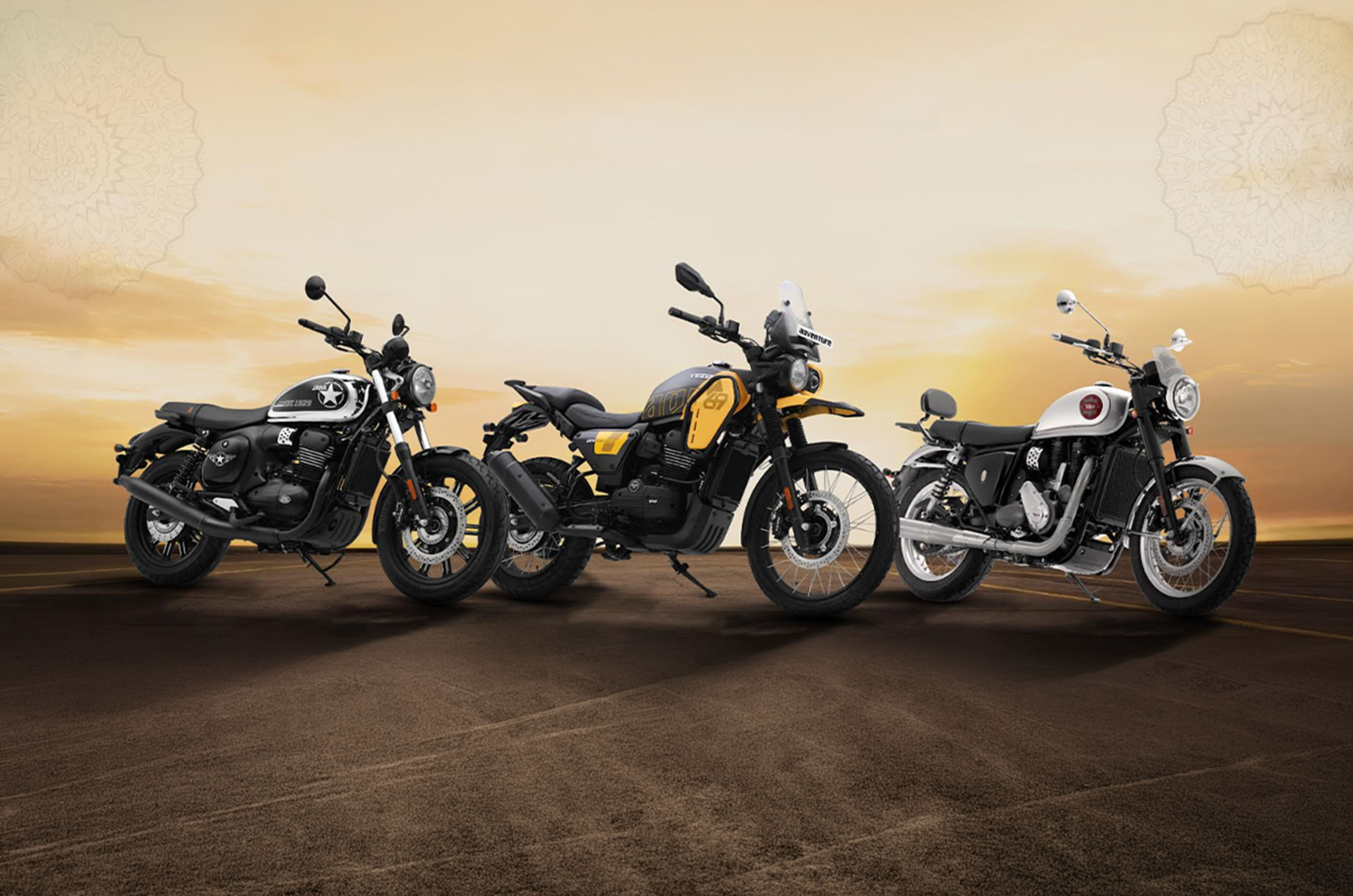 An outdoor render showcasing three motorcycles from classic legends