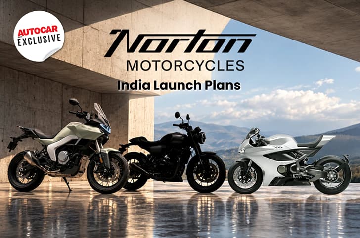 Left to right, Norton Atlas, Norton's upcoming single-cylinder motorcycle render and Norton Manx R.