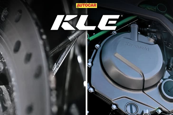 A closeup shot of the front dual-disc brake and right side engine casing of the upcoming Kawasaki KLE650
