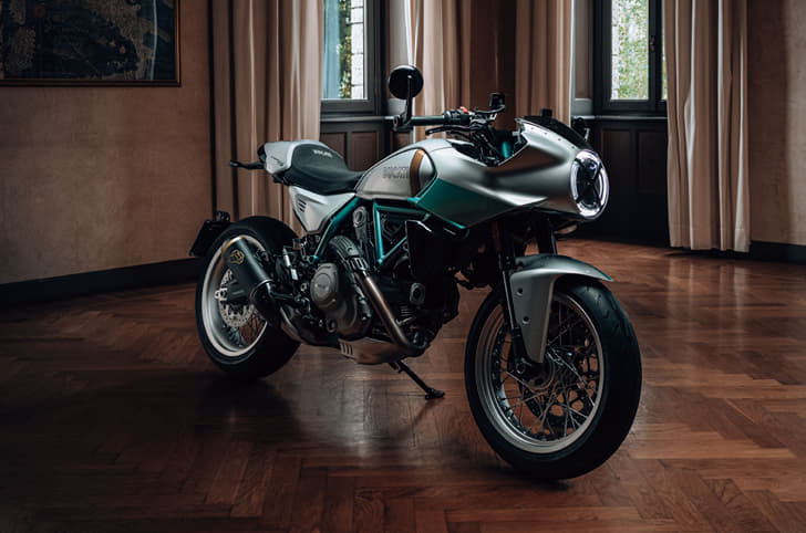 Ducati Formula 73 parked inside a room on wooden flooring