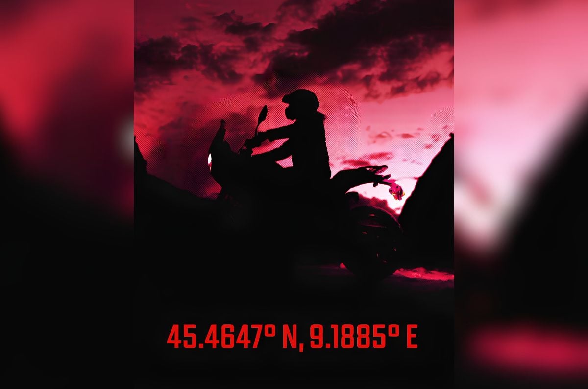Royal Enfield's Himalayan 750 teaser with map coordinates to Milan, Italy.