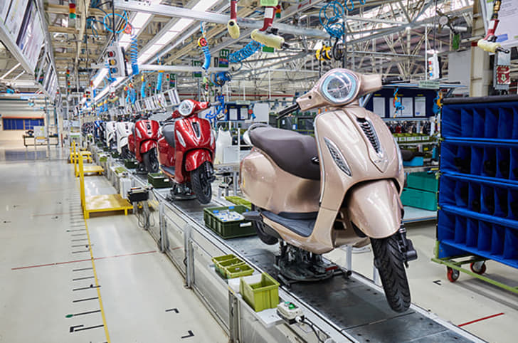 Bajaj Chetak scooters on a production line