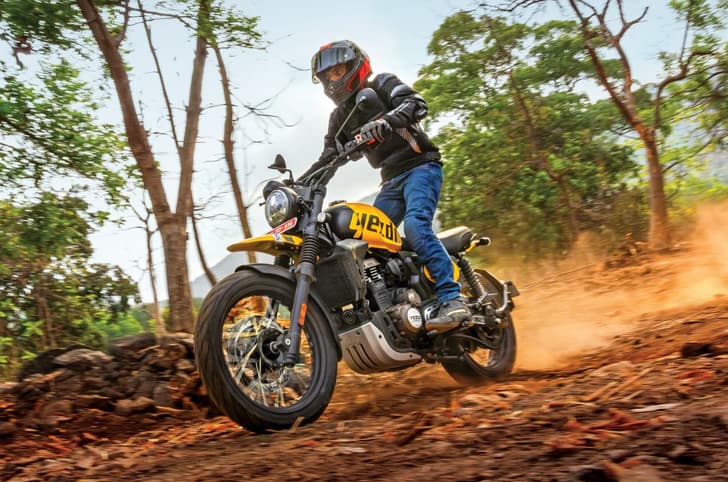 2026 Yezdi Scrambler off road trail riding shot