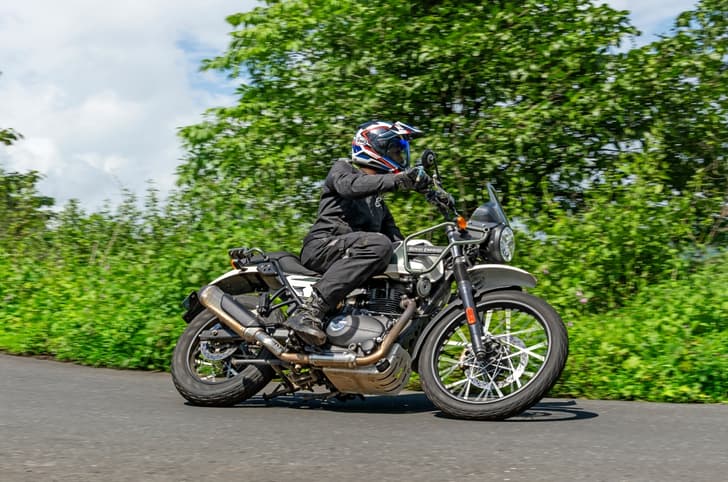 Rider going around a corner on the Royal Enfield Himalayan 440